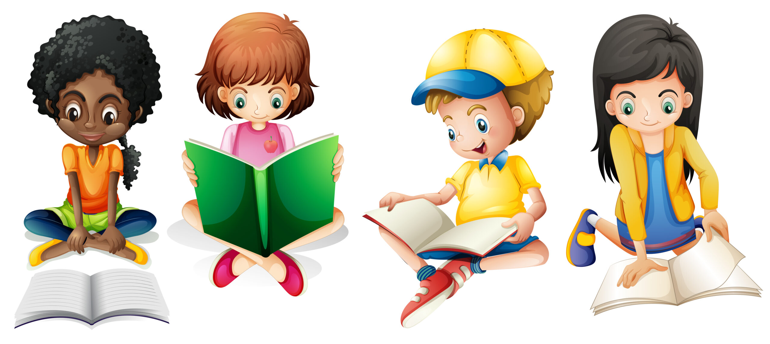 Boy and girls reading book illustration